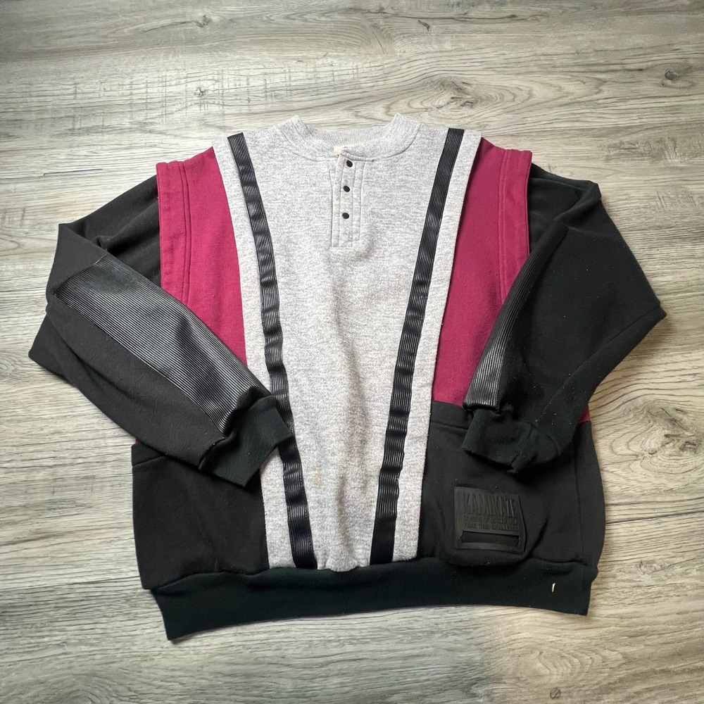Cotler Kamikaze Sweatshirt Mens M Grey Burgundy Black 80s Vintage Henley‎ Kanji
